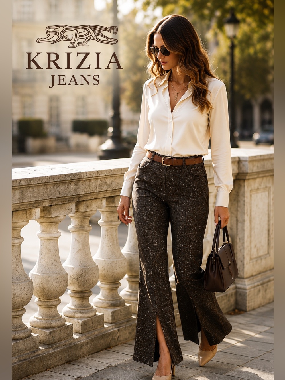 Krizia Jeans Italian Wool Blend Front Slit Flare Pants Brown Tweed Size 44 US 10